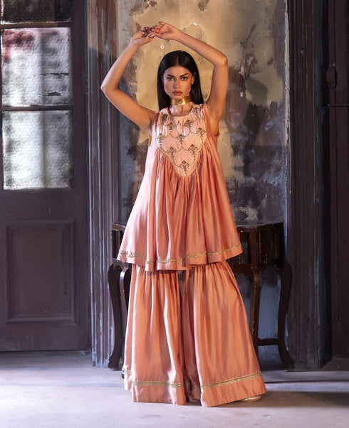 Jalshaghar dusty pink short vani kurta with sharara