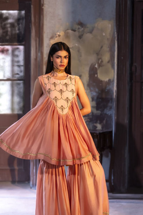 Jalshaghar dusty pink short vani kurta with sharara
