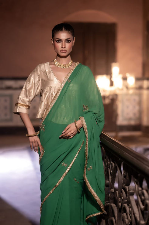 Jalshaghar green gota phool sari