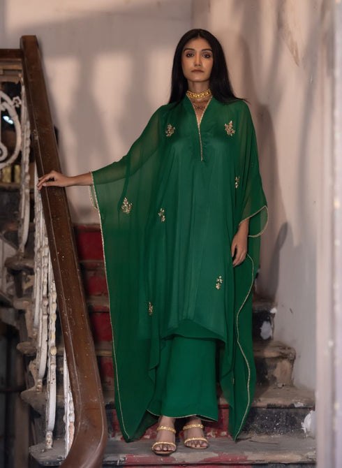Jalshaghar green kaftan with palazzo