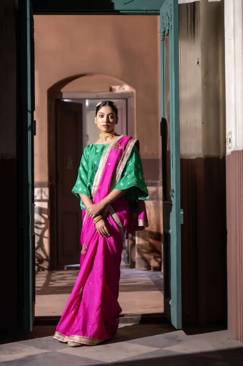 Jalshaghar hot pink mughal sari