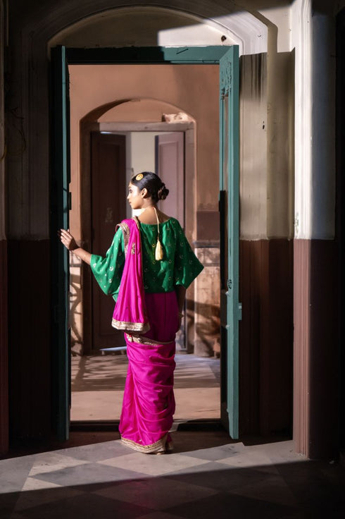 Jalshaghar hot pink mughal sari