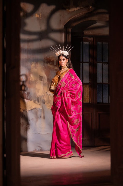 Jalshaghar hot pink shalimaar chanderi sari