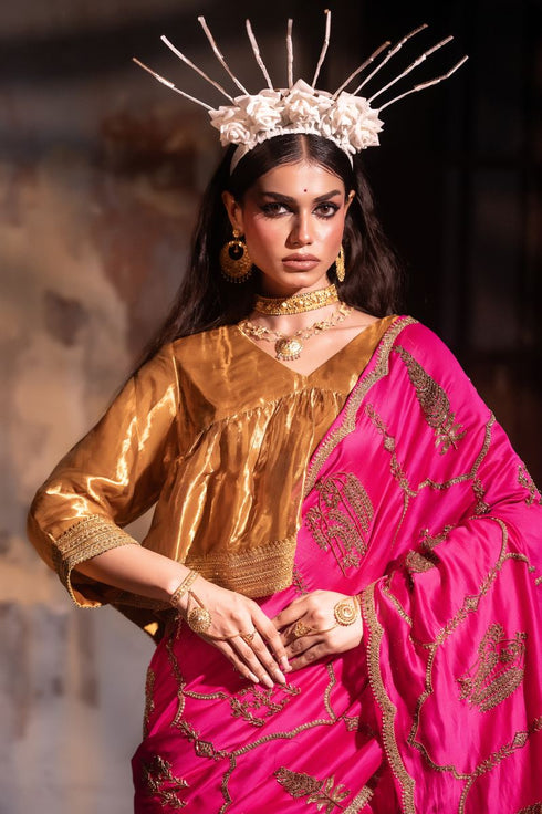 Jalshaghar hot pink shalimaar chanderi sari