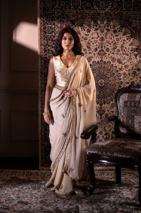 Jalshaghar ivory gota phool sari