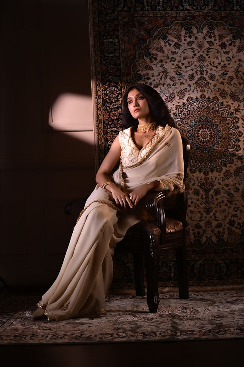 Jalshaghar ivory gota phool sari