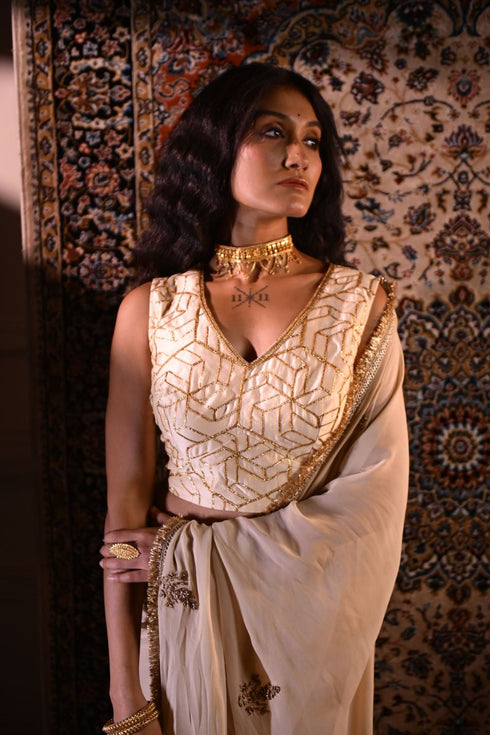 Jalshaghar ivory octa gota chanderi sleeveless blouse