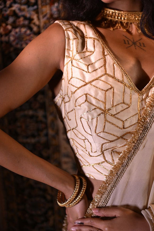Jalshaghar ivory octa gota chanderi sleeveless blouse