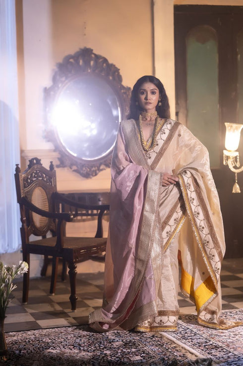 Jalshaghar ivory tissue sari