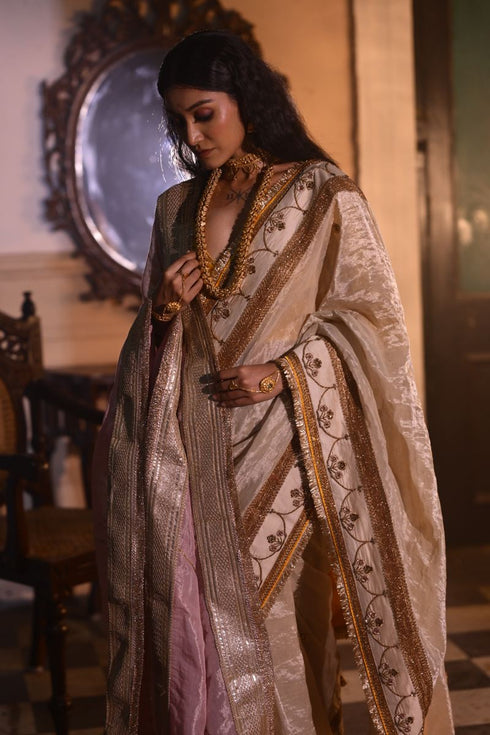 Jalshaghar ivory tissue sari