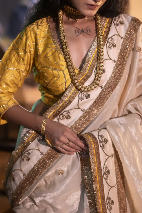 Jalshaghar ivory tissue sari