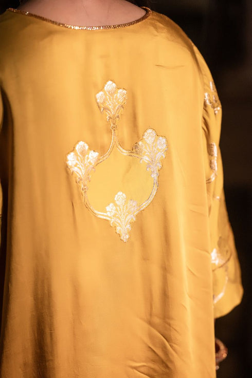 Jalshaghar yellow shahi kaftan with dusty pink pants