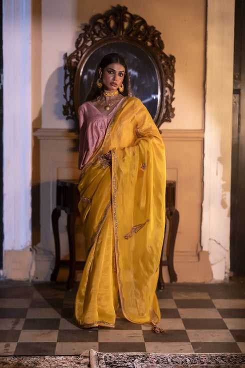 Jalshaghar yellow turkish ashoka sari