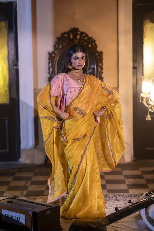 Jalshaghar yellow turkish ashoka sari