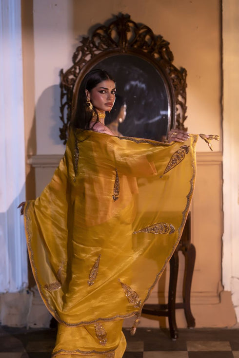 Jalshaghar yellow turkish ashoka sari