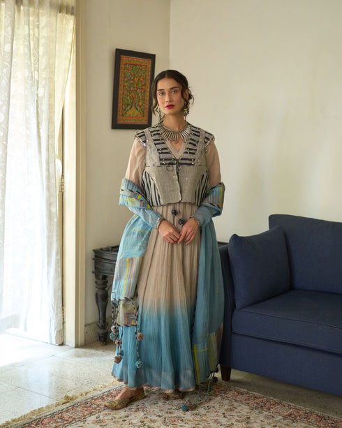 Jini beige and asman blue kurta with churidar