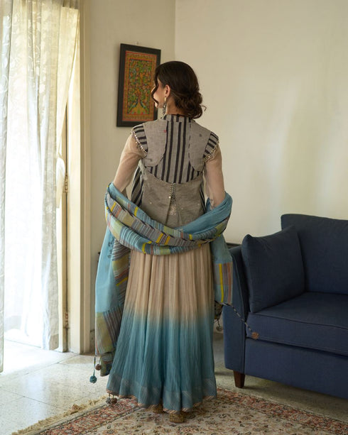 Jini beige and asman blue kurta with churidar