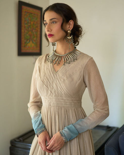 Jini beige and asman blue kurta with churidar