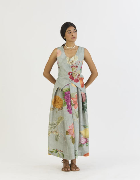 Juniper shades of blue waistcoat and box pleat skirt