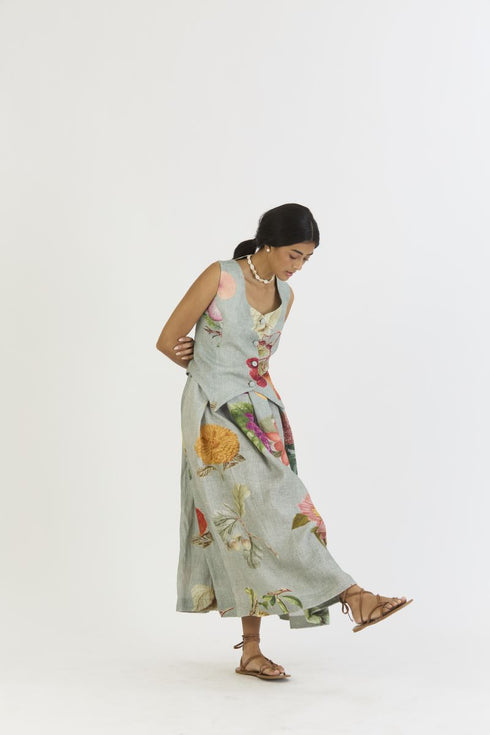 Juniper shades of blue waistcoat and box pleat skirt