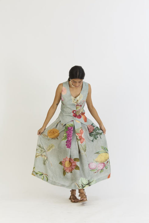 Juniper shades of blue waistcoat and box pleat skirt