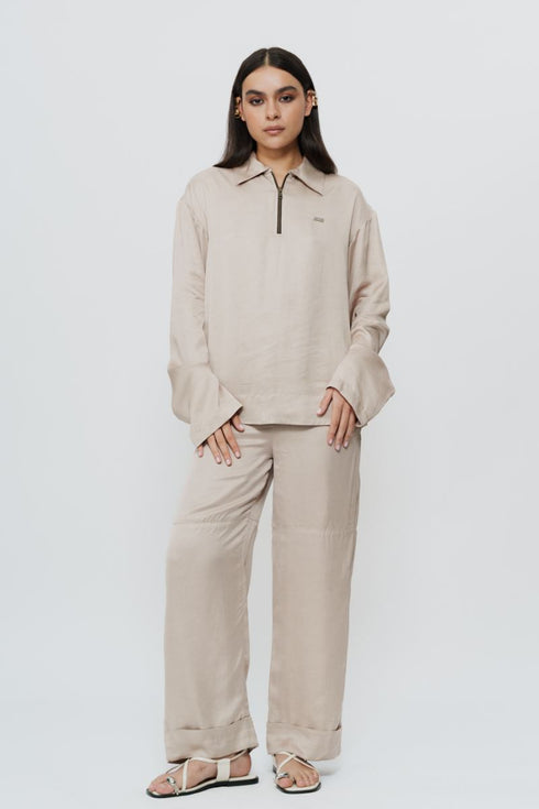 Khaki silk shirt & trouser with AKOK highlight embroidery
