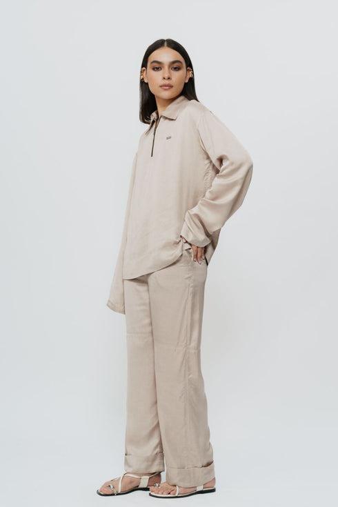 Khaki silk shirt & trouser with AKOK highlight embroidery