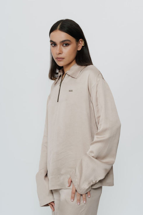 Khaki silk shirt & trouser with AKOK highlight embroidery