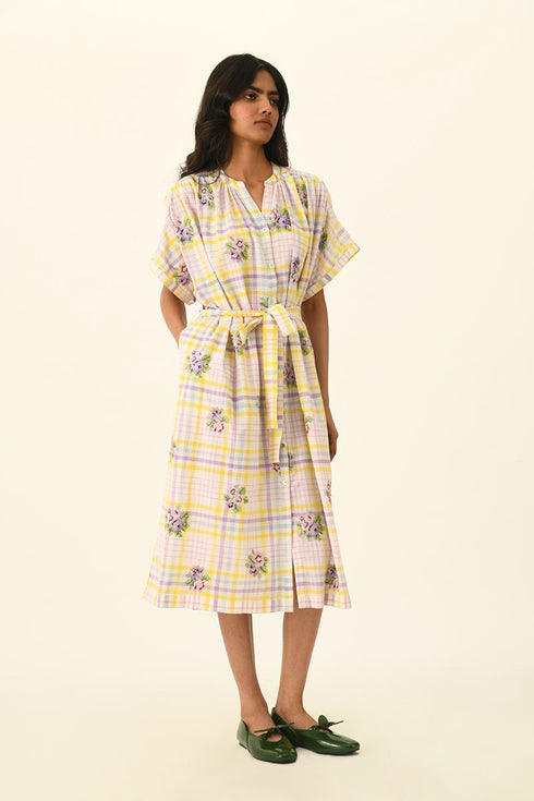 Koreana ivory check belted dress