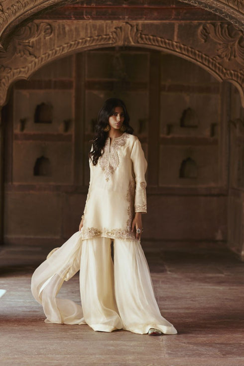 Leher ivory sharara set