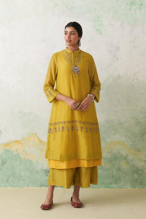 Lime green thin chanderi multicolor kashmiri embroidered back slit kurta set