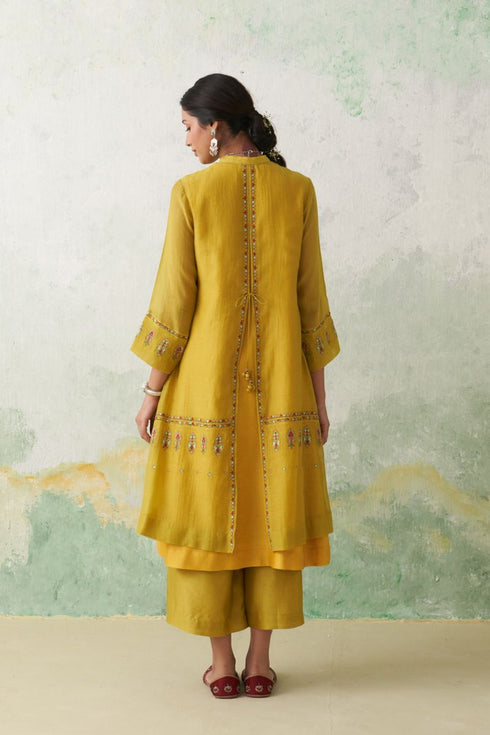 Lime green thin chanderi multicolor kashmiri embroidered back slit kurta set