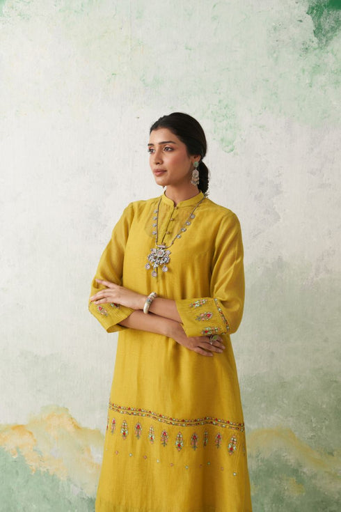 Lime green thin chanderi multicolor kashmiri embroidered back slit kurta set