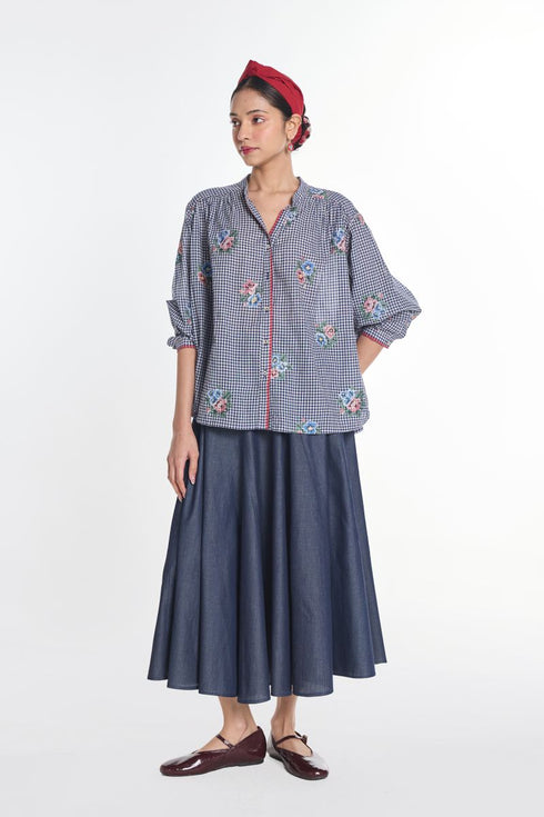Lisianthus blue gingham check top