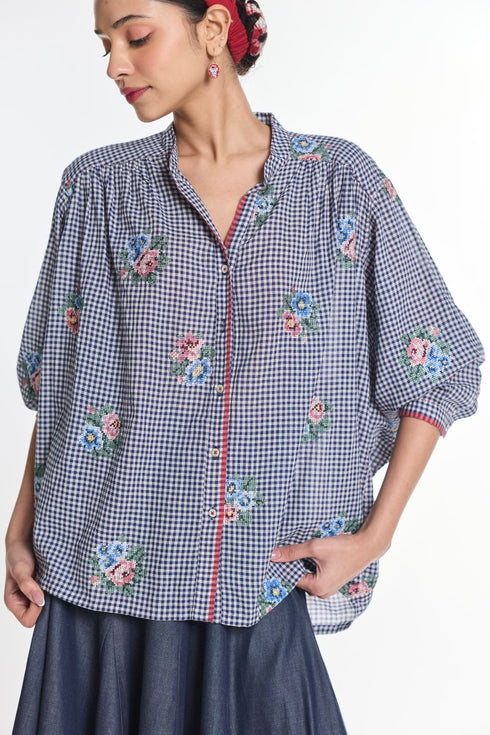 Lisianthus blue gingham check top