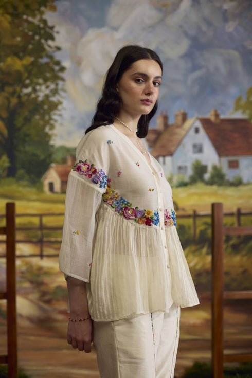 Lumina bone white gathered top with bell sleeves