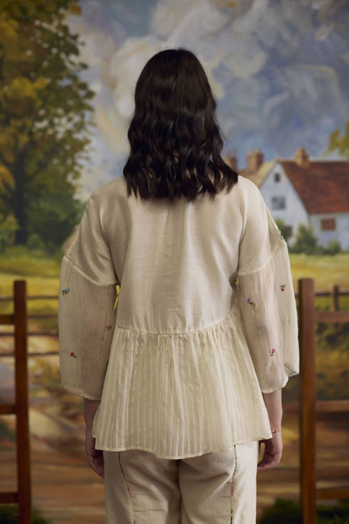 Lumina bone white gathered top with bell sleeves