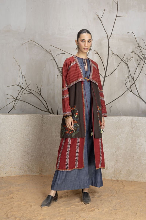 Madder red and brown layered linen embroidered jacket