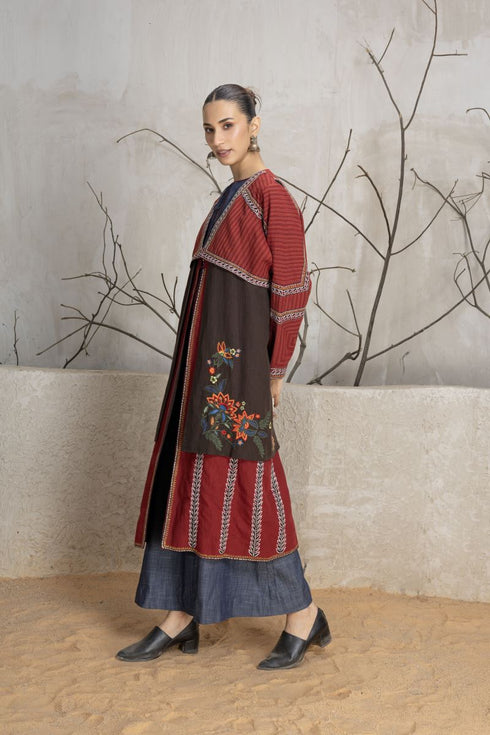 Madder red and brown layered linen embroidered jacket