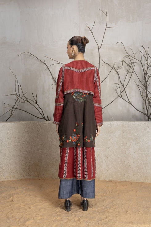Madder red and brown layered linen embroidered jacket