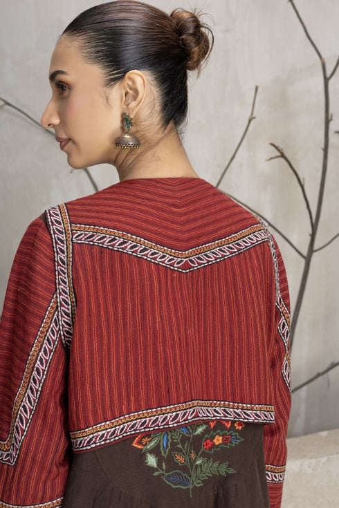 Madder red and brown layered linen embroidered jacket