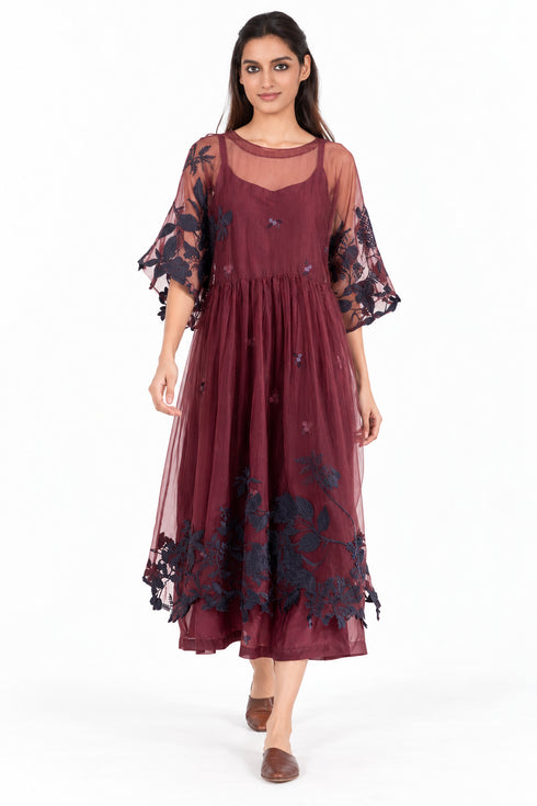 Maroon organza silk embroidered dress