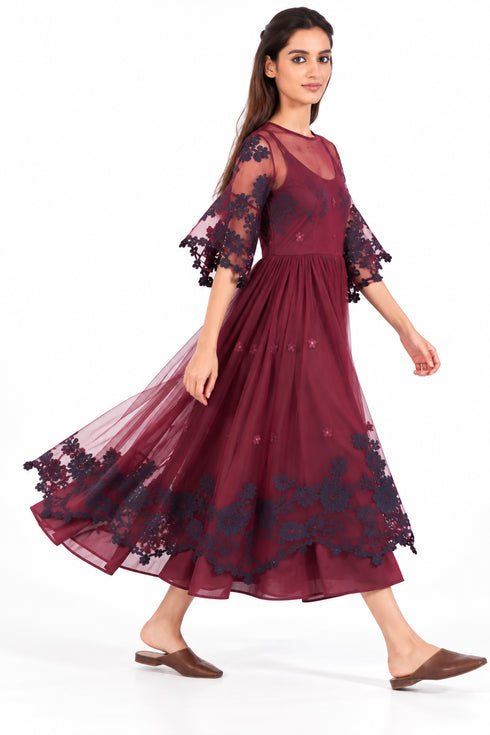 Maroon organza silk embroidered dress