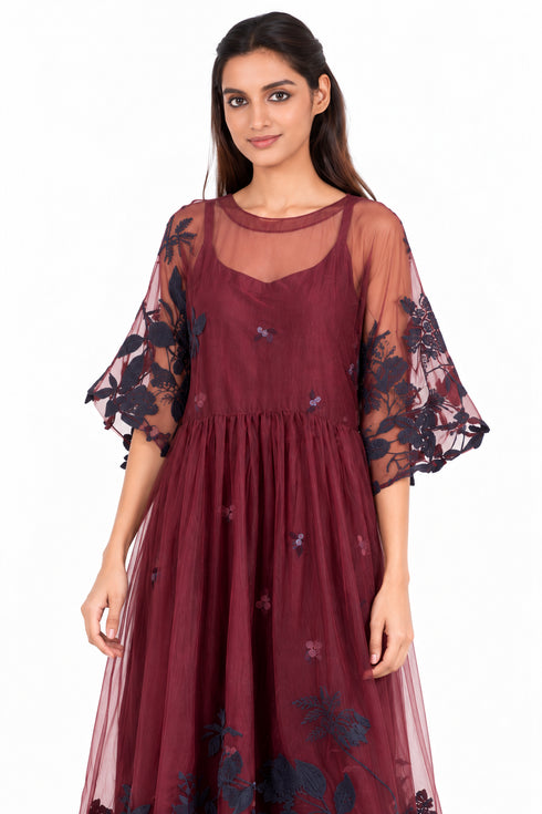 Maroon organza silk embroidered dress