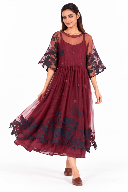 Maroon organza silk embroidered dress