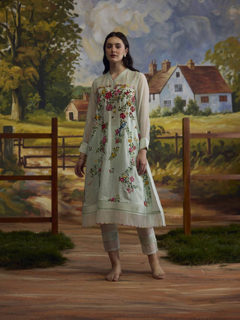 Meadow pista green embroidered kurta