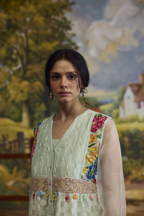 Meadow pista green floral checkered dress