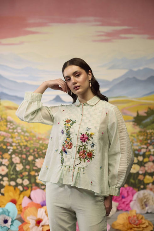 Meadow pista green floral embroidered shirt