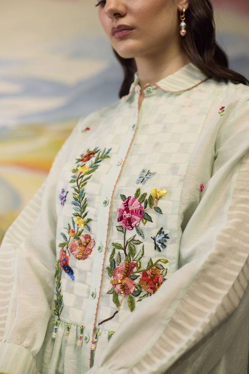 Meadow pista green floral embroidered shirt