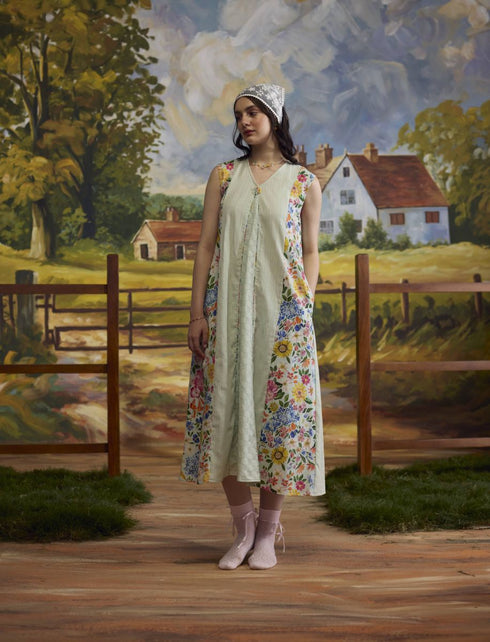 Meadow pista green panelled floral dress